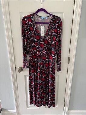 Draper James Black Wrap Midi Dress with Red Floral Print